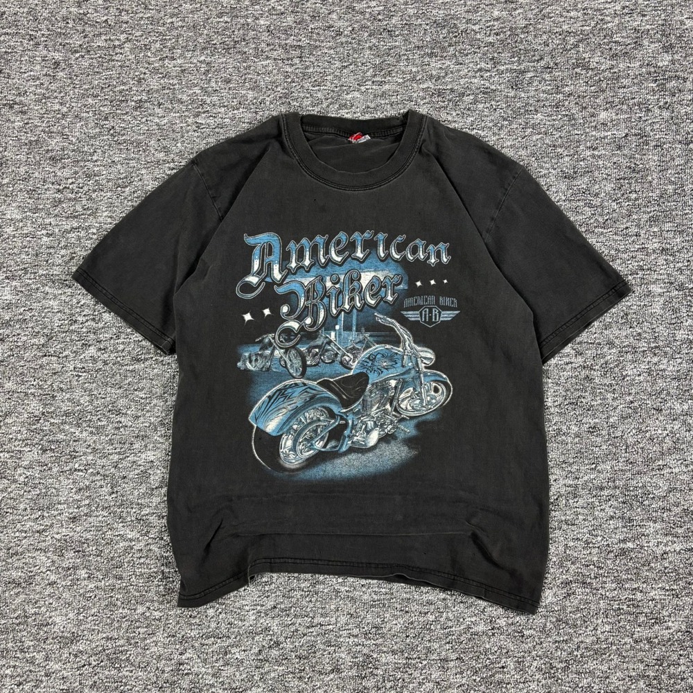 Vintage Y2K American Biker Rex's Custom Cycles Faded Black Graphic T-Shirt L